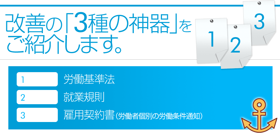 改善の3種の神器「労働基準法」「就業規則」「雇用契約書」